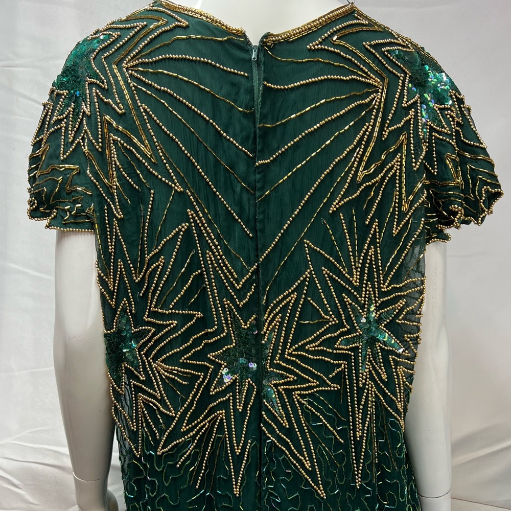 Vintage Green Silk Cap Sleeve Gold Sequins Beaded Long Gown 2X Dress Gown - Picture 6 of 7